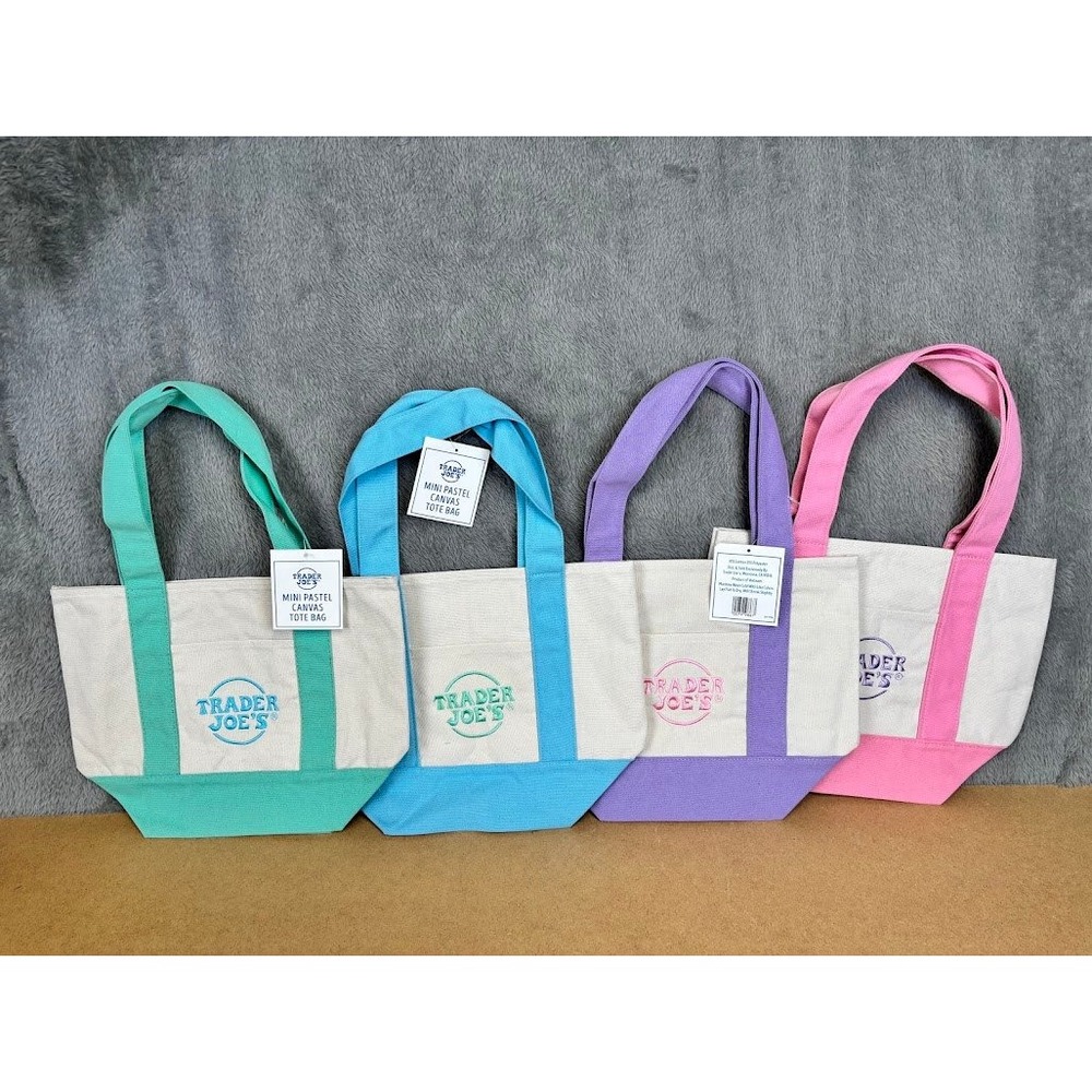 2025 Trader Joe's Mini Pastel Canvas Tote Bag Set of 4 Teal Blue Purple Pink NEW